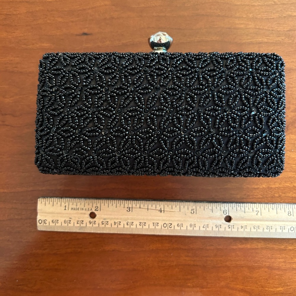 Black Beaded Evening Bag with Faux Gem Closure and Removable Shoulder Strap